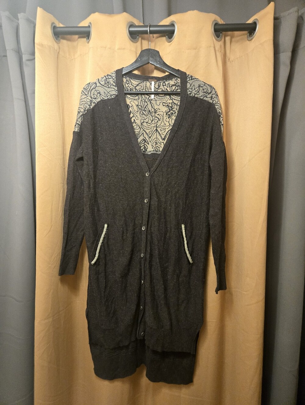 Free People Women's Long Dark Gray Button-Front Cardigan with Embroidery Small